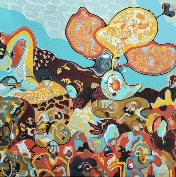 Southwest Sea by Mindy Fisher: dense biomorphic forms in coral, ochre, maroon, and turquoise under a pale blue sky