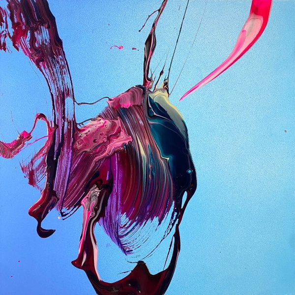 An untitled painting by Adrian Negenborn: sweeping pours of magenta, crimson, and deep teal against a clear blue ground