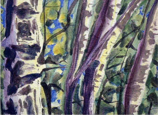 Vermont Trees 28 by MC Noyes: birch trunks in cream and violet against layered green, yellow, and blue foliage