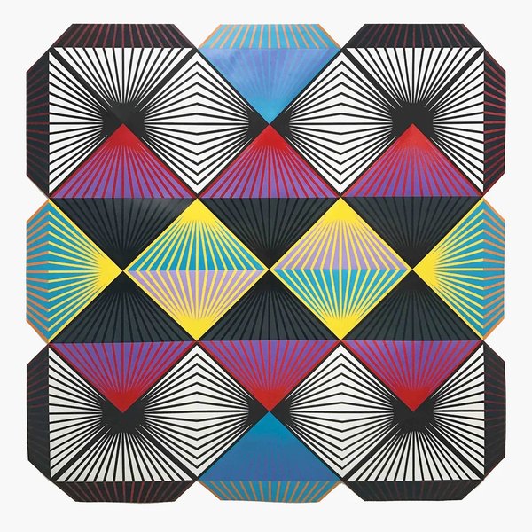 Shibboleth by Matt Neuman: a grid of radiating geometric bursts in black, white, red, yellow, teal, and violet